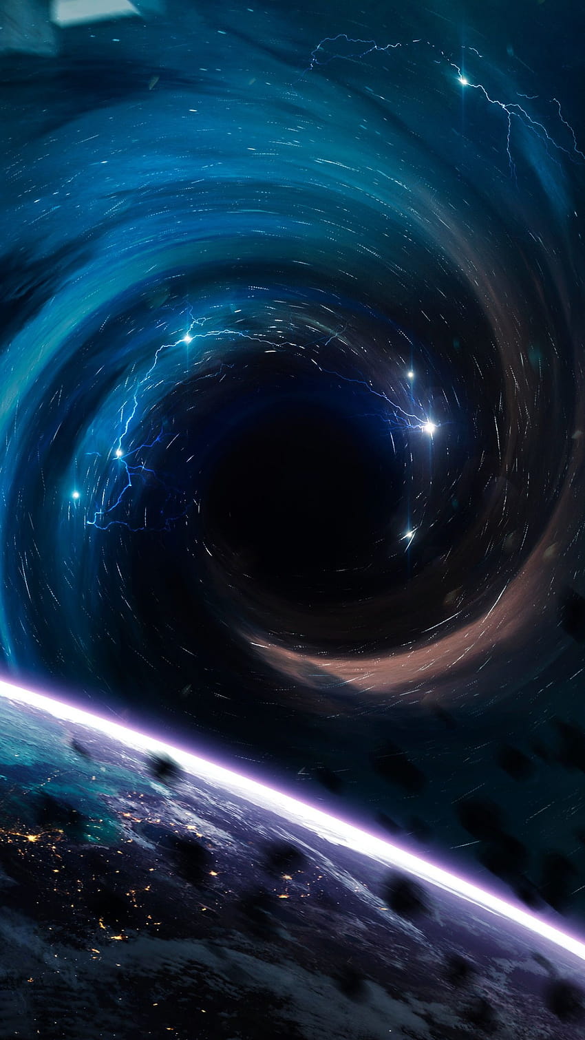 Schwarzes Loch, Planeten, Horizont, Asteroiden, Sterne, Spiralen, Weltraum, dunkles Loch HD-Handy-Hintergrundbild
