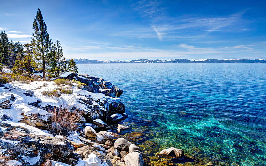 Lake Tahoe, lago di montagna, inverno, costa, Emerald Bay State Park, USA, California con risoluzione 3840x2400. Alta qualità, Emerald Bay Lake Tahoe Sfondo HD