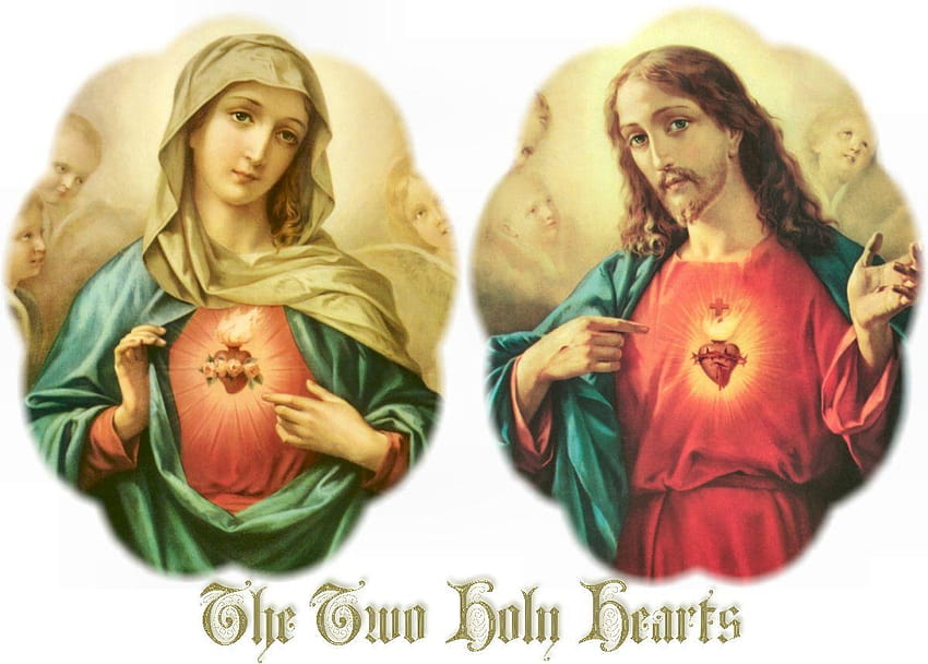Johannes 10:10: Zwei heilige Herzen: Das heilige Herz Jesu und das unbefleckte Herz Mariens HD-Hintergrundbild
