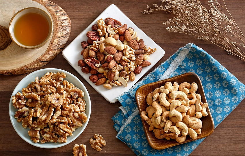 tea, nuts, almonds, hazelnuts, the dried flowers, cashew nut HD wallpaper
