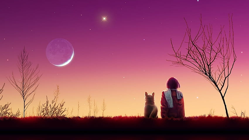 gadis duduk di samping anjing digital , bulan kagaya, anime • Untuk Anda Untuk & Seluler, wanita dan anjing Wallpaper HD