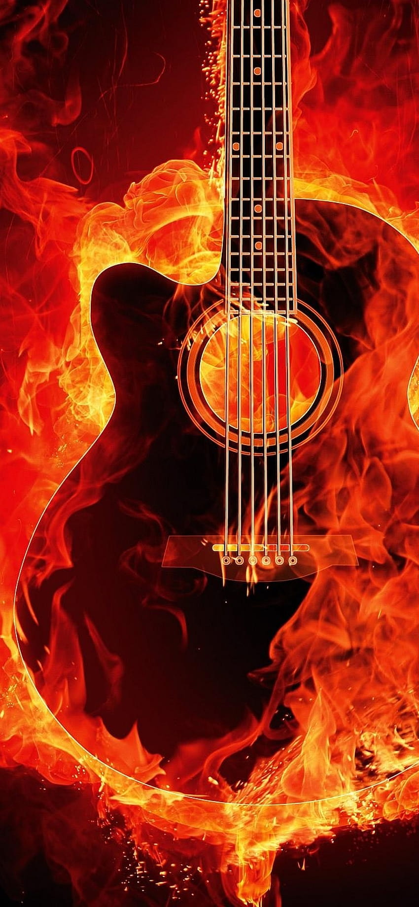 Flammende Gitarre, schwarzer Hintergrund, Musikinstrument, Feuer, schwarz/dunkel, brennende Gitarre HD-Handy-Hintergrundbild