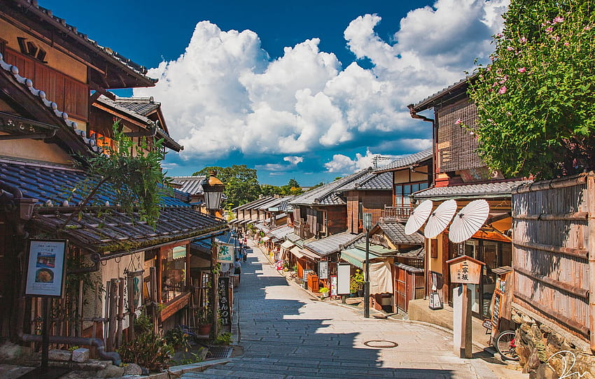 日本、日本、京都、夏の日、街の通り、木造住宅、セクション город、通りの夏 高画質の壁紙