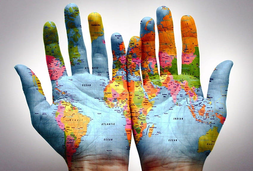 Map painted on hands, languages HD wallpaper