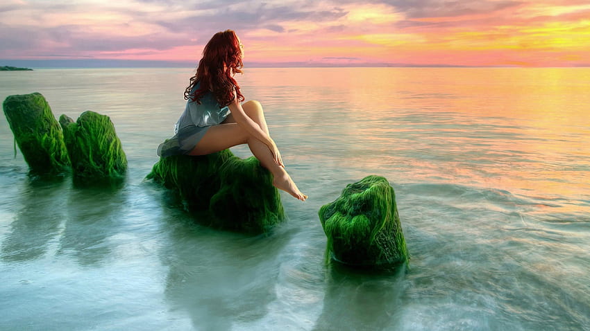 Beauty Girl Sea, Sunset Relax, relax a little HD wallpaper