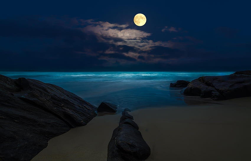 Beach Night Sea Moon Full Ocean Of Nature For 高画質の壁紙