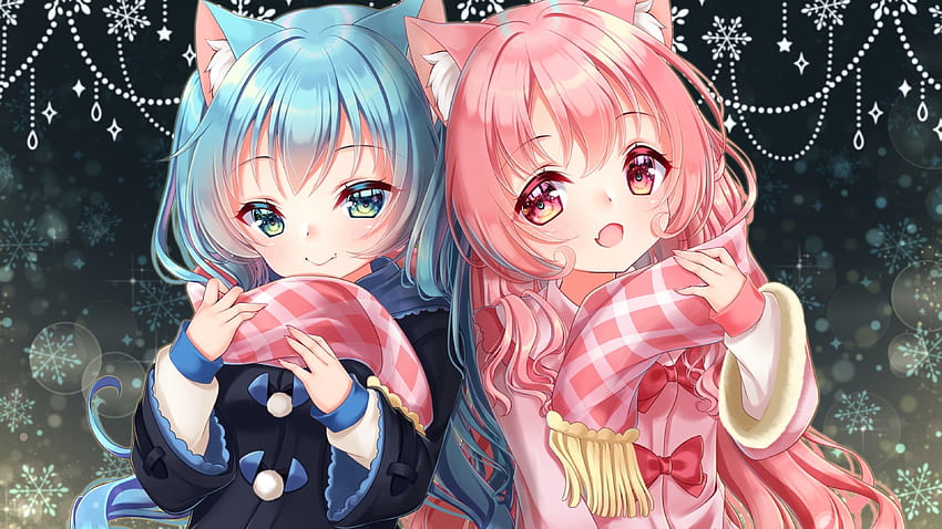 3840x2160 Anime Dziewczyny, Loli, różowe i niebieskie włosy, Zwierzę, słodkie anime niebieskie włosy Tapeta HD