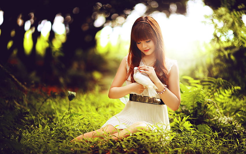 Lovely Asian girl and pigeon 2560x1600 HD wallpaper