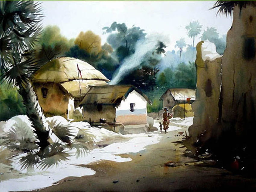 Bangladesh Village Scenery Painting, Dorfmalerei HD-Hintergrundbild