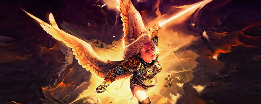 2560x1024 Gold Angel Fantasy Girl With Wings 2560x1024, fantasia de asas de anjo guerreiro papel de parede HD