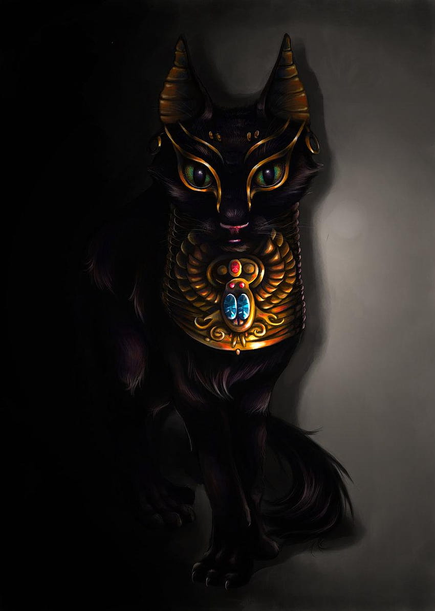 Bastet, the Egyptian cat goddess, sits regally on her throne surrounded by  offerings of perfume and flowers