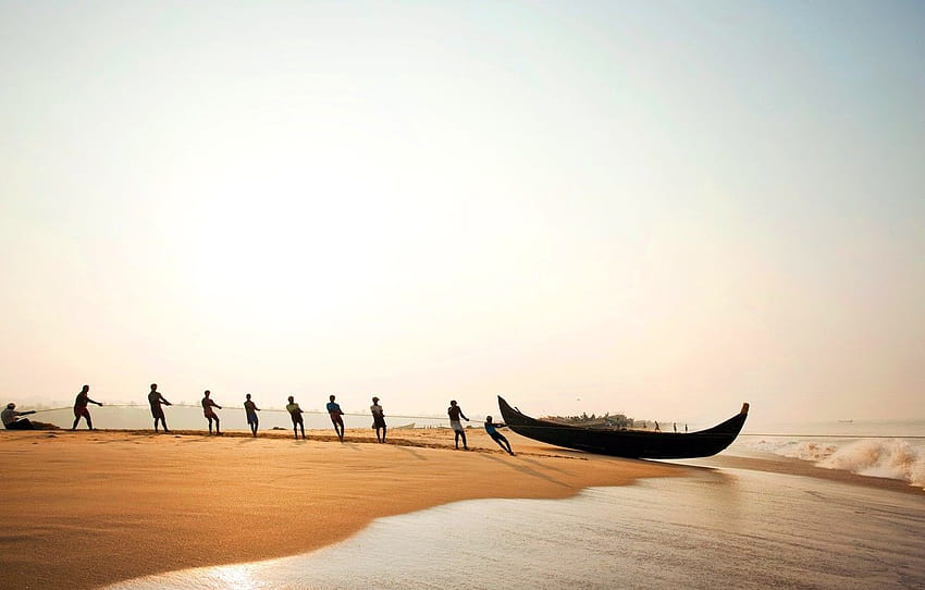people, shore, boat, India, Trivandrum, Poovar Beach , section пейзажи HD wallpaper