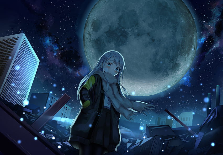 Anime Girl, Anime Night, Winter, Starry Sky, Giant Moon, anime winter ...