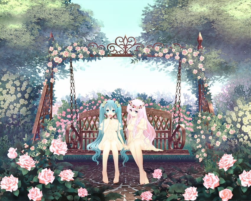 landscapes trees vocaloid flowers hatsune miku blue eyes megurine luka blue hair pink hair anime gir – People Pink hair, pink anime flowers HD wallpaper