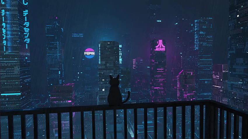 Rain in Japan City With Black Cat Live, japanese HD wallpaper