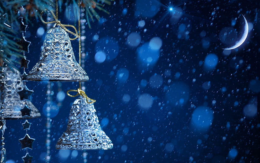 Winter Night, Christmas Bells, Snow, Moon , night christmas HD wallpaper