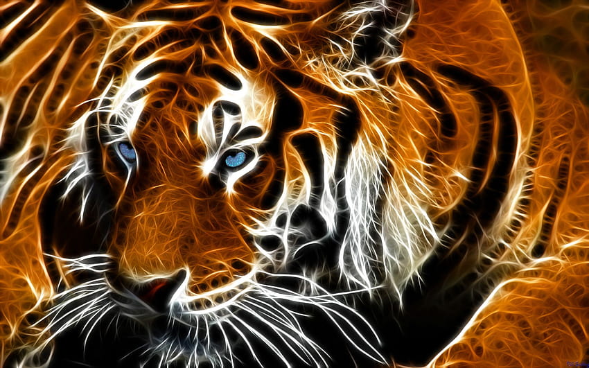 15 тигър със сини очи от billstelling цифрово изкуство фрактално изкуство мисля, тигрова кожа HD тапет