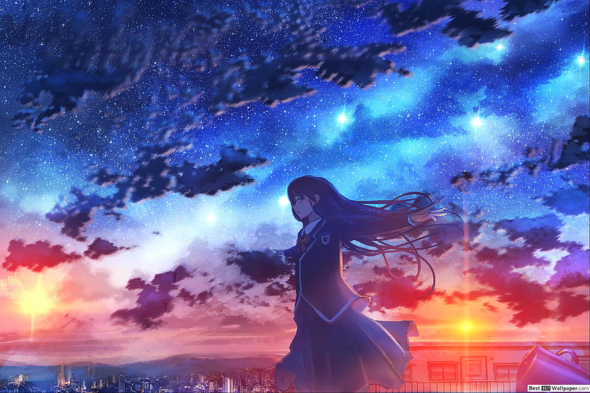 Anime girl sunset and sky, girl in sky HD wallpaper | Pxfuel