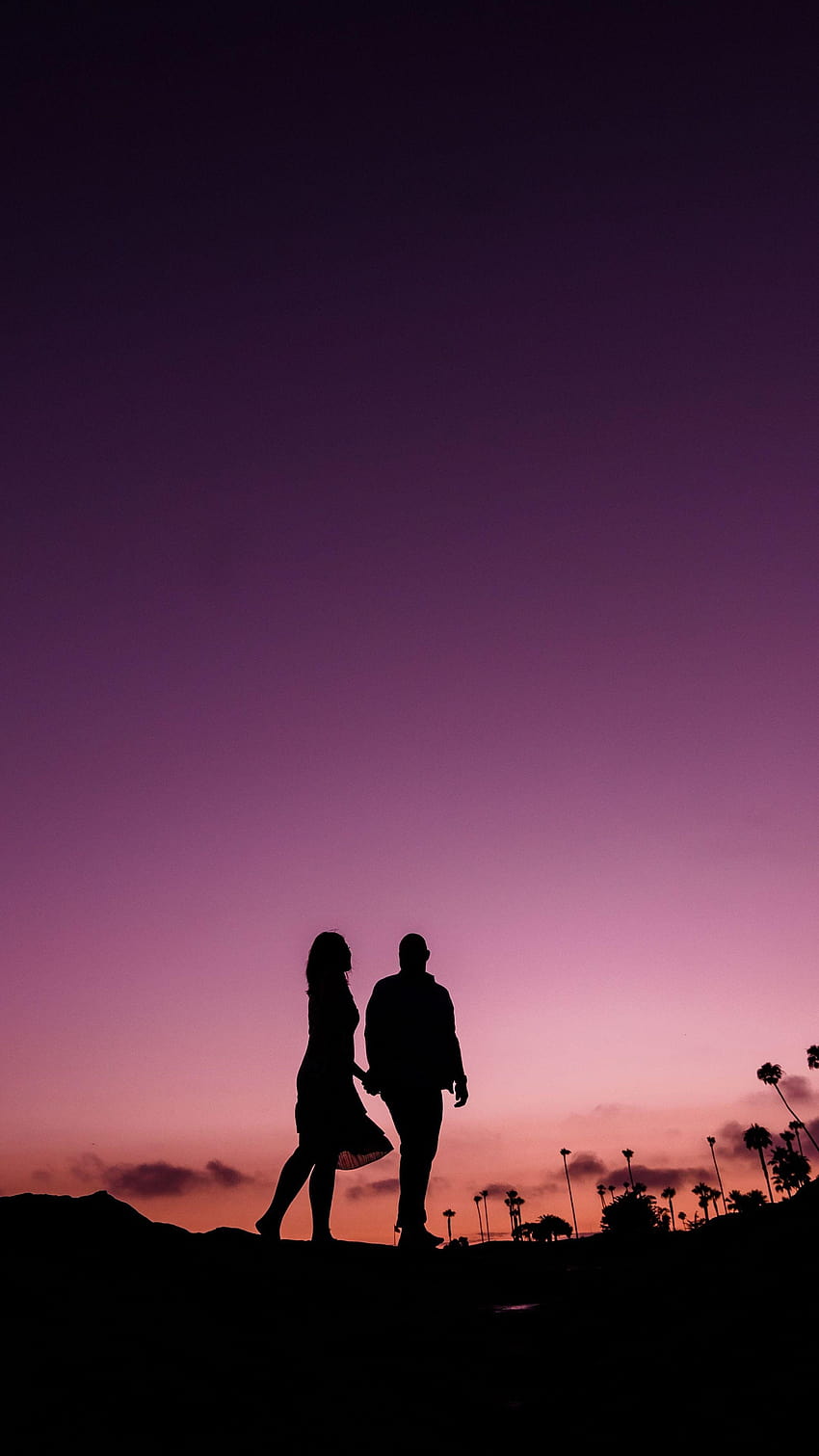 Silhouette, pink dark sky, minimal, sunset, couple, walk, pink sunset evening HD phone wallpaper
