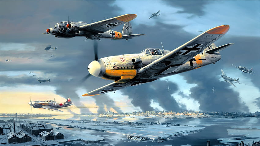 : ยานพาหนะ, งานศิลปะ, เยอรมนี, เครื่องบินทหาร, สงครามโลกครั้งที่สอง, เครื่องบินทิ้งระเบิด, Messerschmitt Bf 109, กองทัพอากาศ, Luftwaffe, Heinkel He 111, เขา 111, การบิน, สายการบิน, บรรยากาศของโลก, เครื่องยนต์อากาศยาน, ใบพัด วอลล์เปเปอร์ HD