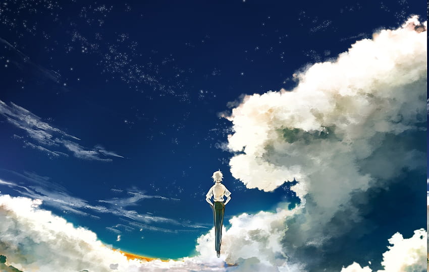 : luz de sol, paisaje, pelo blanco, Anime, cabello corto, espacio, Neon Genesis Evangelion, cielo, estrellas, Nubes, volador, mundo, Kaworu Nagisa, nube, tiempo de día, computadora, Atmósfera de tierra, Fenómeno meteorológico, cúmulo, 1350x858 px fondo de pantalla
