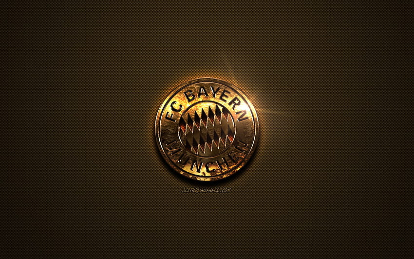 FC Bayern Monachium, złote logo, niemiecki klub piłkarski, złote godło, Monachium, Niemcy, Bundesliga, złota tekstura włókna węglowego, piłka nożna o rozdzielczości 2560x1600. Wysoka jakość, logo niemiec Tapeta HD