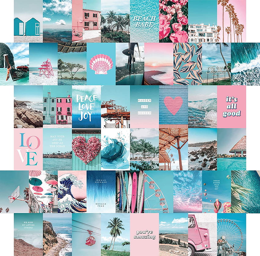 ARTIVO 파란색 벽 콜라주 키트 미학, 50세트 4x6인치, 십대 소녀용 핑크 VSCO 침실 장식, 여름 해변 벽 아트 프린트, 기숙사, 객실용 소형 포스터: 포스터, 여름 미적 일러스트레이션 HD 월페이퍼