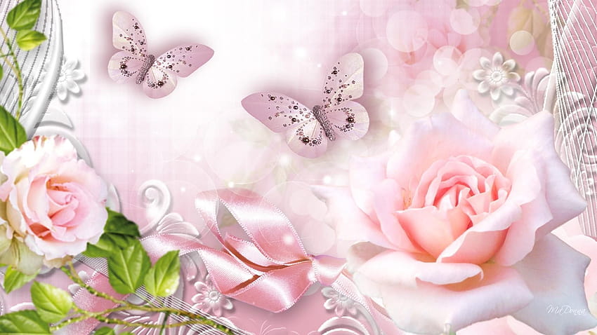 Sparkling Butterflies Roses Pink, roses and butterfly HD wallpaper
