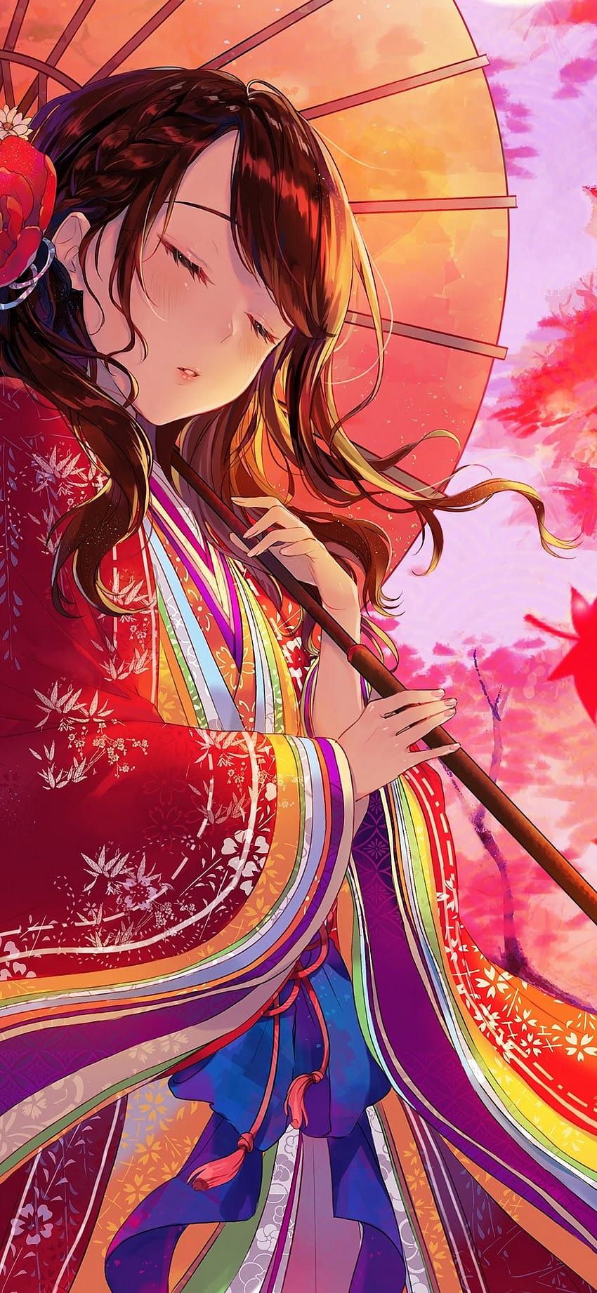 Anime Girl Kimono Maple Trees Autumn, redmi note 7 pro anime HD phone wallpaper