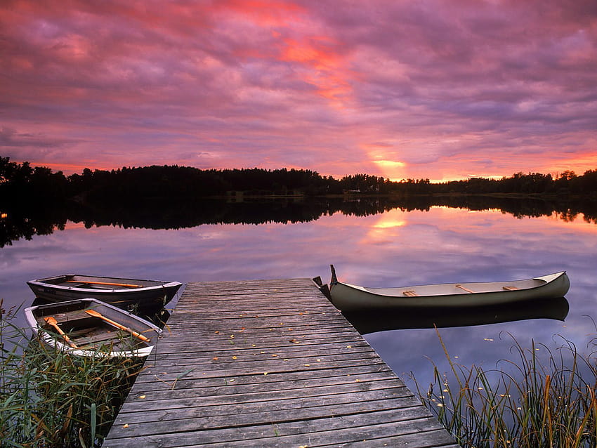 Sweden, canoes at sunset HD wallpaper