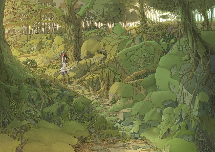 Natur Bäume Wald Felsen Anime Manga Taschen Hüte Anime Mädchen schwarze Haare Vegetation 2000x1414 Wallpa Hohe Qualität, High Definition, Anime-Waldkunst HD-Hintergrundbild