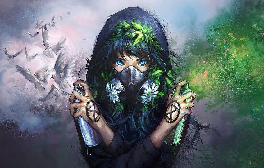 Grün, Mädchen, Weiß, Graffiti, Natur, Kunst, blaue Augen, Anime-Mädchenmaske HD-Hintergrundbild