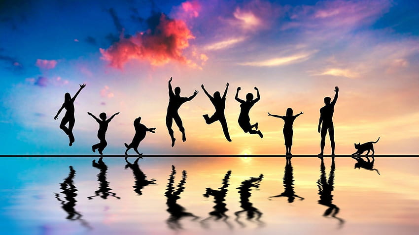 jumping silhouette group of people cat sea reflection HD wallpaper
