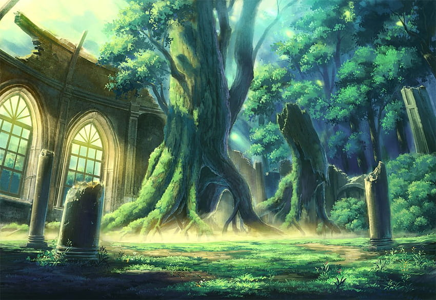 anime forest city, forest anime HD wallpaper