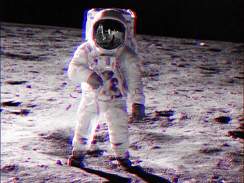 3D, Anaglif 3D, Astronauta, Księżyc, Przestrzeń kosmiczna / i Tapeta HD