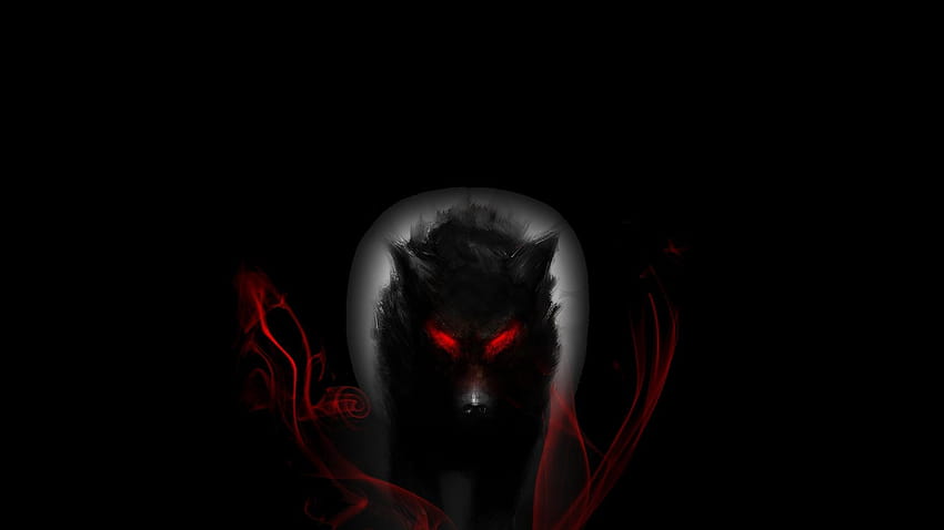 輝く赤い目、赤い目、黒い影を持つ黒いオオカミ 高画質の壁紙