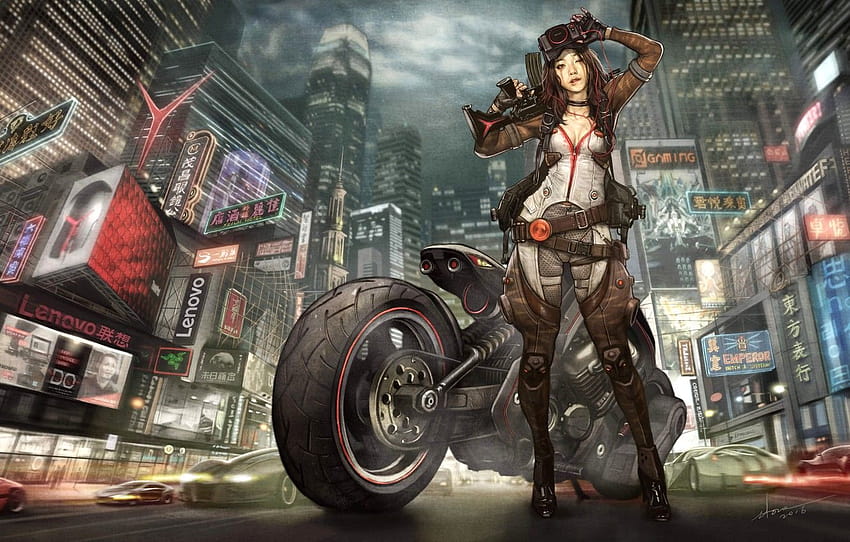 dziewczyna, miasto, azjata, dziewczyna, motocykl, miasto, moto, cyberpunk, motocyklista, dziewczyna, sci fi Tapeta HD