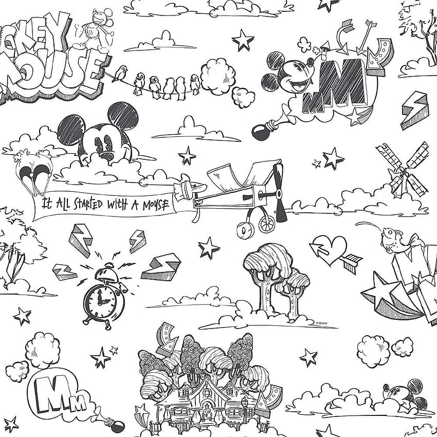 Mens Galerie Wallcoverings Galerie Official Disney Mickey Mouse Pattern Pencil Cartoon Children's Black White, disney pattern HD phone wallpaper