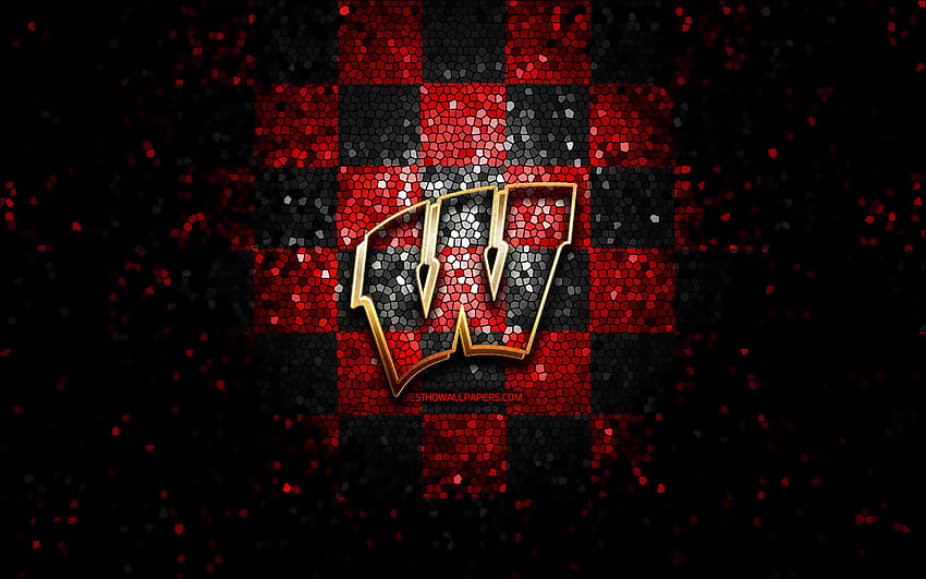 Wisconsin Badgers, glitter logo, NCAA, red black checkered background, USA, american football team, Wisconsin Badgers logo, mosaic art, american football, America with resolution 2880x1800. High Quality, wisconsin teams HD wallpaper