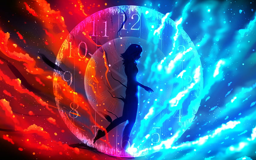 1920x1200 W miarę upływu czasu, Dziewczyna z anime, Zegar, Ogień, dziewczyna i czas Tapeta HD