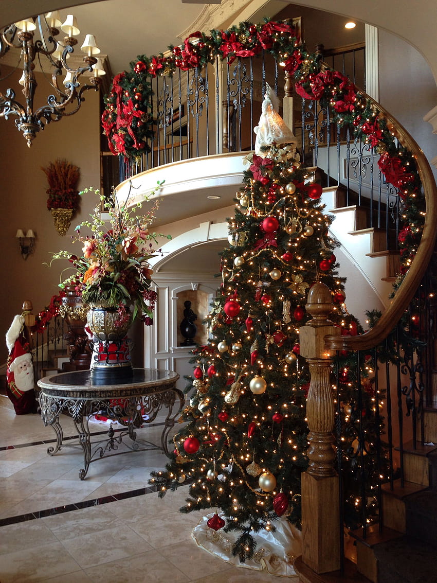 My foyer decorated for Christmas, christmas light staircase HD phone wallpaper