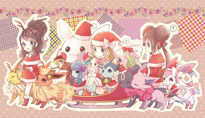 Pokemon bell bow christmas eevee espeon flareon flowers glaceon, christmas pokemon HD wallpaper