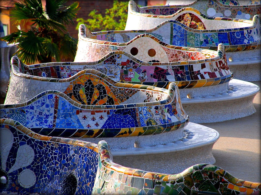 Antoni Gaudi: Superbes bancs du parc Güell, Barcelone !, park guell Fond d'écran HD