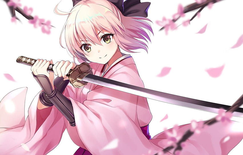 girl, sword, pink, anime, katana, sakura, ken, blade, anime katana HD wallpaper