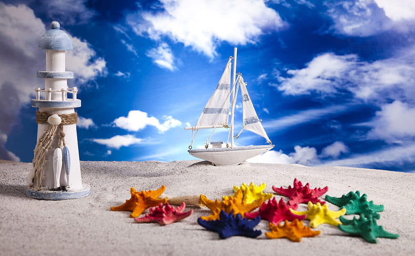 Sky Sailing Boats Lighthouse Starfish Toys Clouds Sand beach bokeh, lighthouse sky clouds HD wallpaper