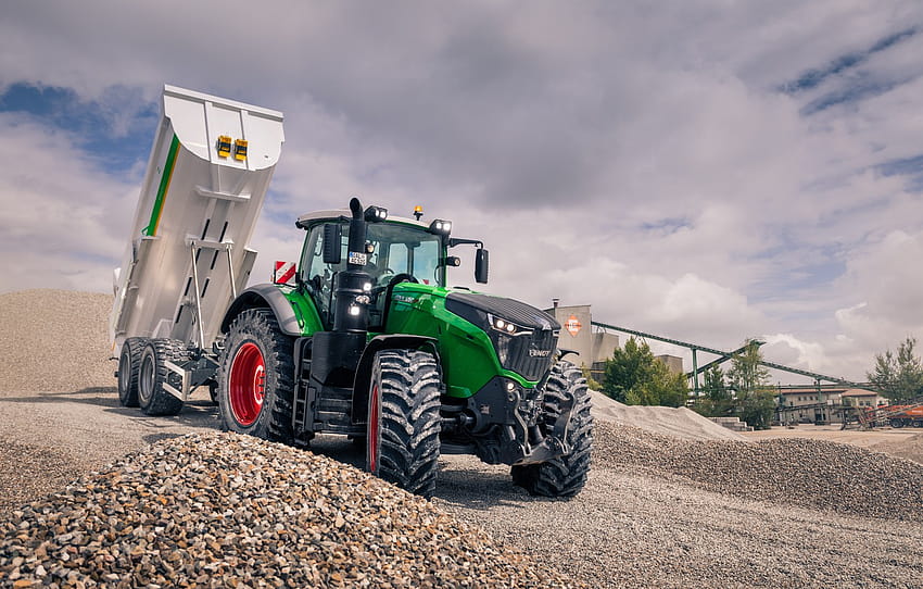 white, the sky, tractor, green, gravel, the trailer, wheel, agricultural machinery, Fendt, Fendt 1050 Vario, piles of stone, the trailer HD wallpaper