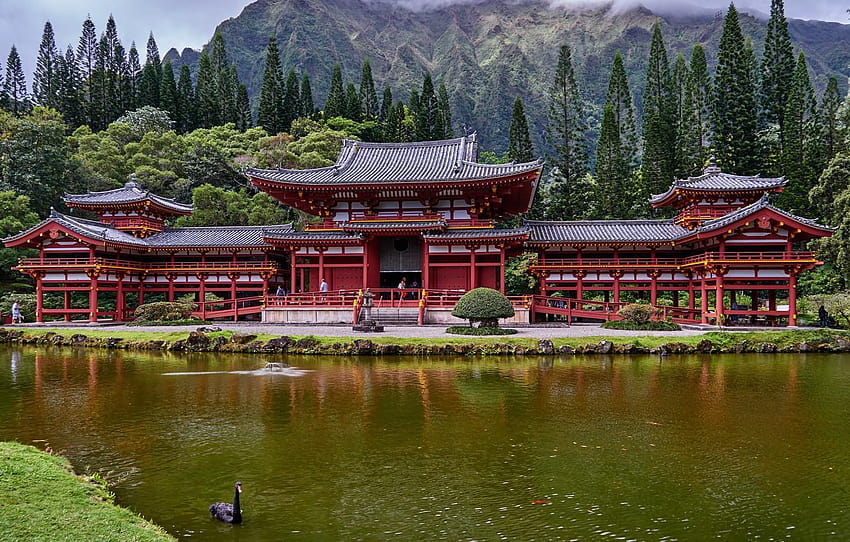 forest, clouds, trees, mountains, river, rocks, Hawaii, the byodo in temple HD wallpaper