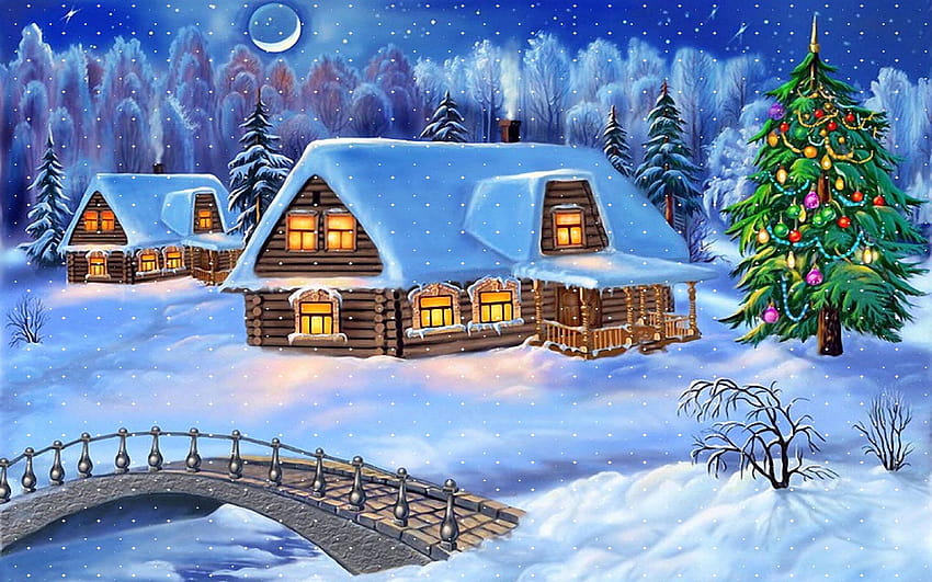Feliz año nuevo Árbol de Navidad Pueblo de invierno Casas Puente de madera  Árbol de nieve Nieve 3840x2400: 13 fondo de pantalla | Pxfuel