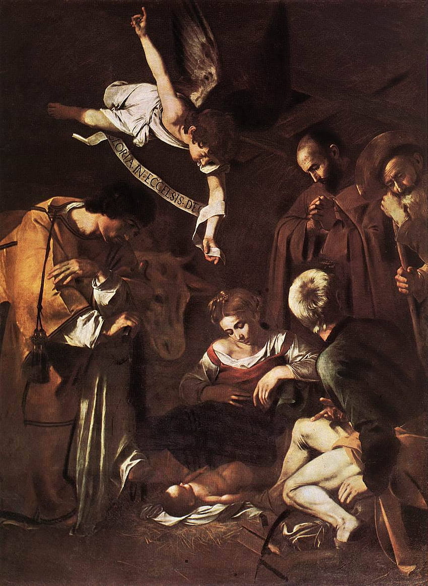 Narodzenia ze św. Franciszkiem i św. Wawrzyńcem – Caravaggio Tapeta na telefon HD
