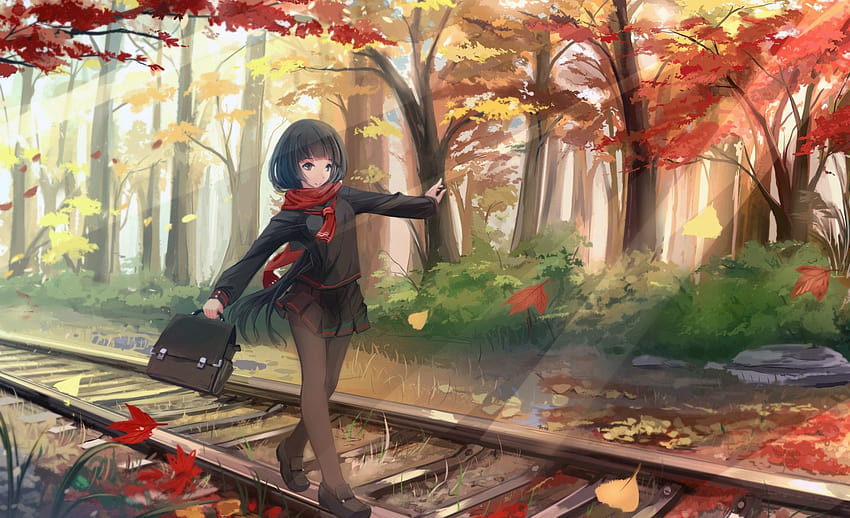 Anime Girls Original Characters Fall Black Hair Scarf Leaves Long  Hair Pantyhose School Uniform Trees  and Mobile Backgrounds anime girl  autumn HD wallpaper  Pxfuel